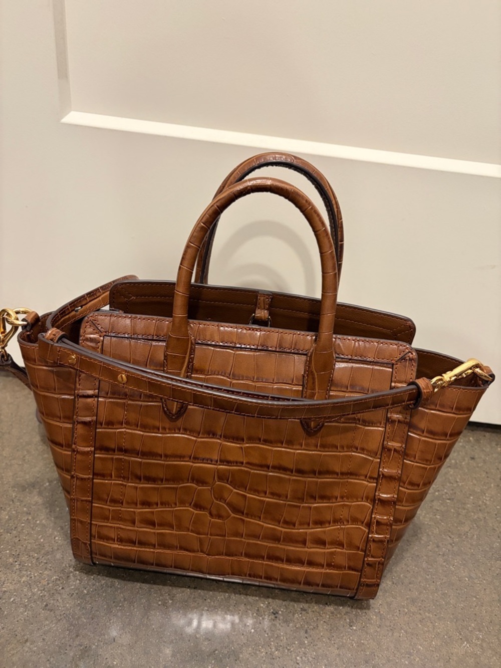 Lauren Ralph Lauren Brown Croc-Embossed Satchel with Detachable Strap - Picture 4 of 4